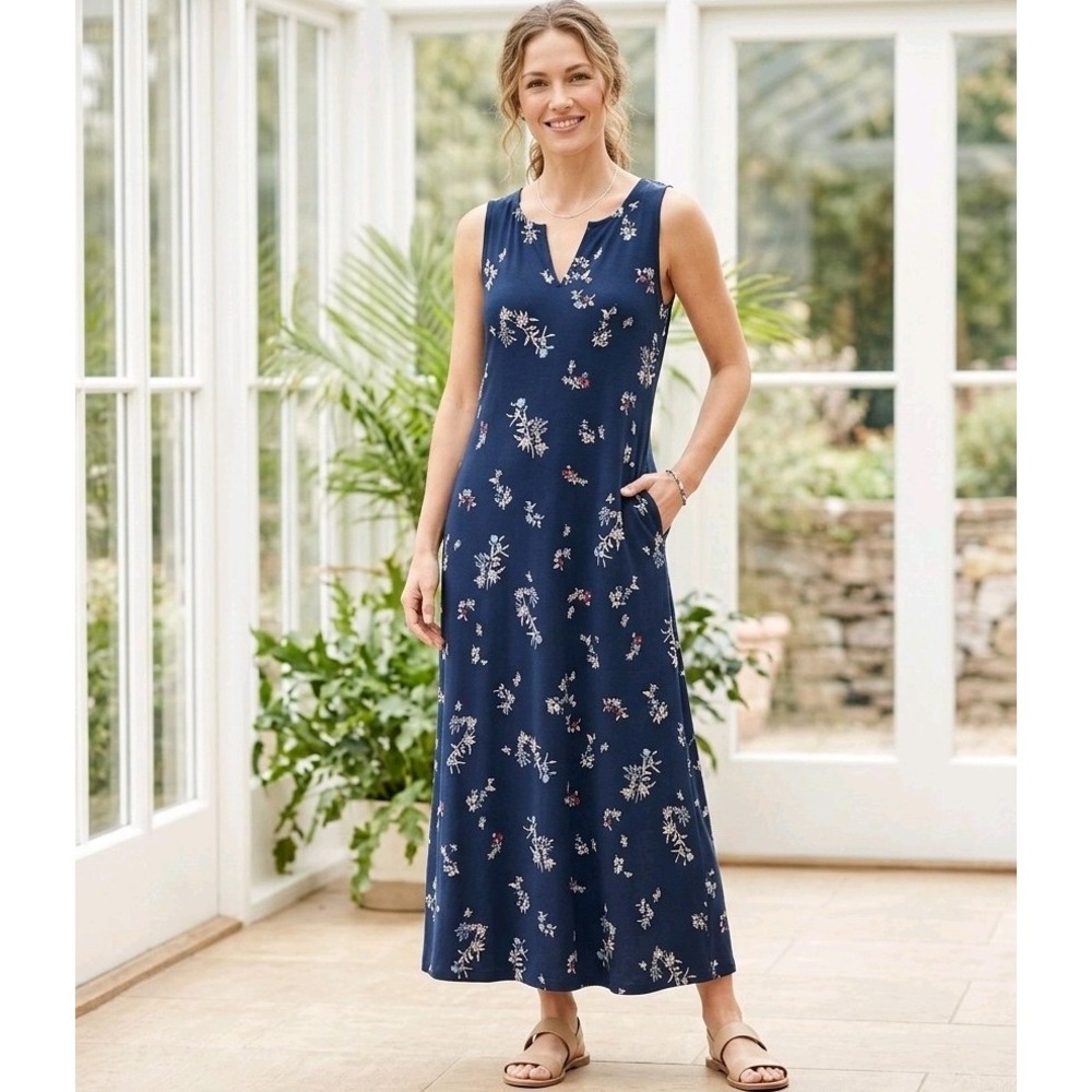 J. JILL Dress Size Petite Small PS Navy Blue Floral Knit Maxi V-Neck Pockets